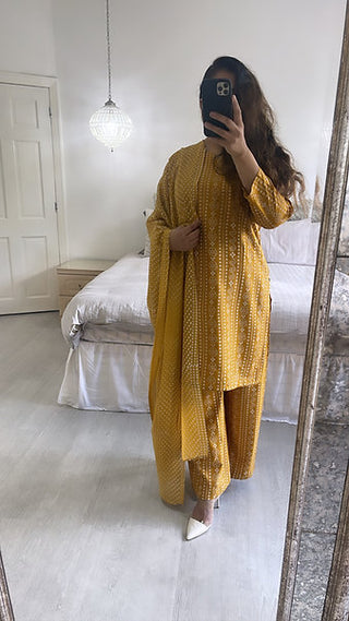 THREE PIECE LINEN CHUNRI MUSTARD