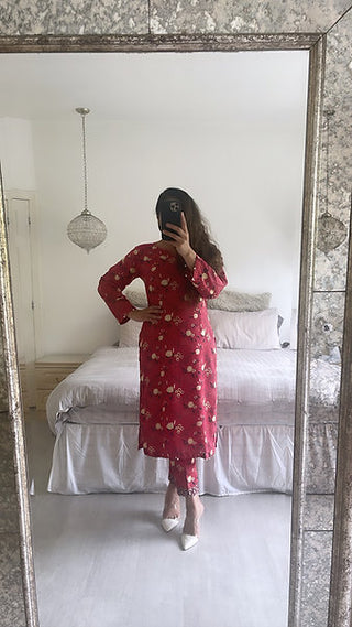 TWO PIECE LINEN PRINTED OUTFIT RED