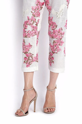 EMBROIDERED STRAIGHT PANTS WITH PINK FLORALS