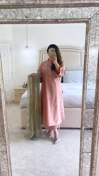 THREE PIECE LINEN EMBROIDERED OUTFIT