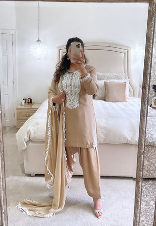 BEIGE OUTFIT WITH WHITE EMBROIDERY
