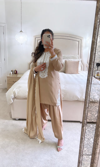 BEIGE OUTFIT WITH WHITE EMBROIDERY